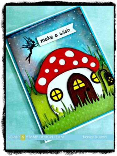 Magical Mushroom card, created with distress oxide spray and Lawn fawn mushroom house die