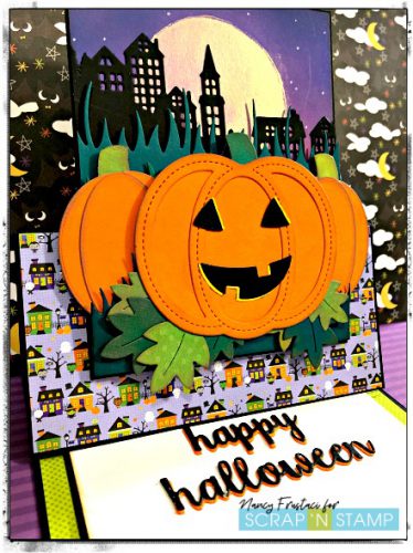 Easel Halloween card, featuring Lawn Fawn Stitched Pumpkin dies distress oxides and pattern paper 