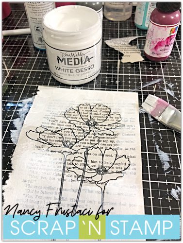 mixed media pages, stamped the floral  blooms on to pages of an old book and heat set it with some embossing powder. I then added gesso around the flowers 