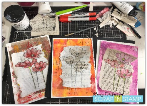 adding the flowers too some previously created gel pressed backgrounds