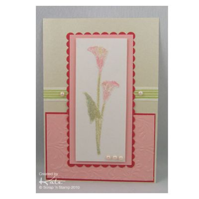 Card Made with Dreamweaver Calla Lily Stencil, Embossing Paste & Glitter
Keywords: dreamweavers, stencil, embossing paste, calla lily, transparent glitter, cuttlebug, victoria