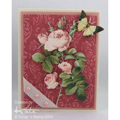 Card made with Cuttlebug Damask Frame Set
Products Used:
Cuttlebug Damask Frame Cut & Emboss Set
3D Die Cut Designs - White & Pink Roses
Studio K Shimmer Cardstock - Ivory
Core'dinations Vintage Cardstock - Reminisce
Core'dinations Super Assortment Cardstock - Nostalgia
May Arts Ivory Taffeta Ribbon
Pearls - Rose
Keywords: card, cuttlebug, damask frame, core'dinations
