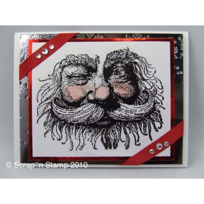 Card Made with Santa Unmounted Rubber Stamp
Products Used:
SK031 - Santa stamp
Studio K Shimmer Cardstock - Ice Gold
Studio K Red Mirror Cardstock
Rhinestones
Red Double-sided satin ribbon
